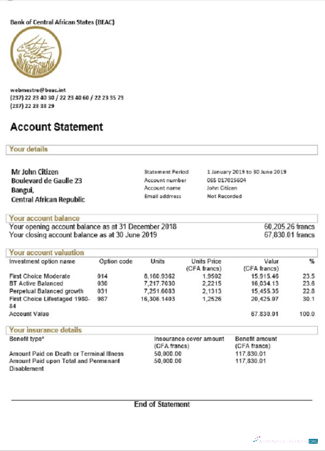 Download Central African Republic Bank of Central African States (BEAC) bank statement word